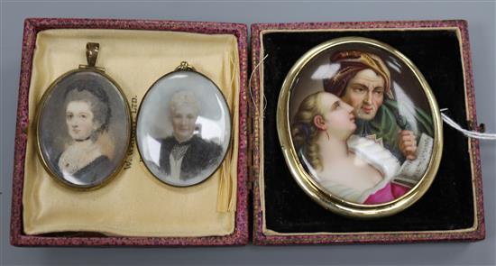 A 19th century porcelain oval panel of a lady and gentleman mounted as a brooch and two oval miniature portrait pendants.